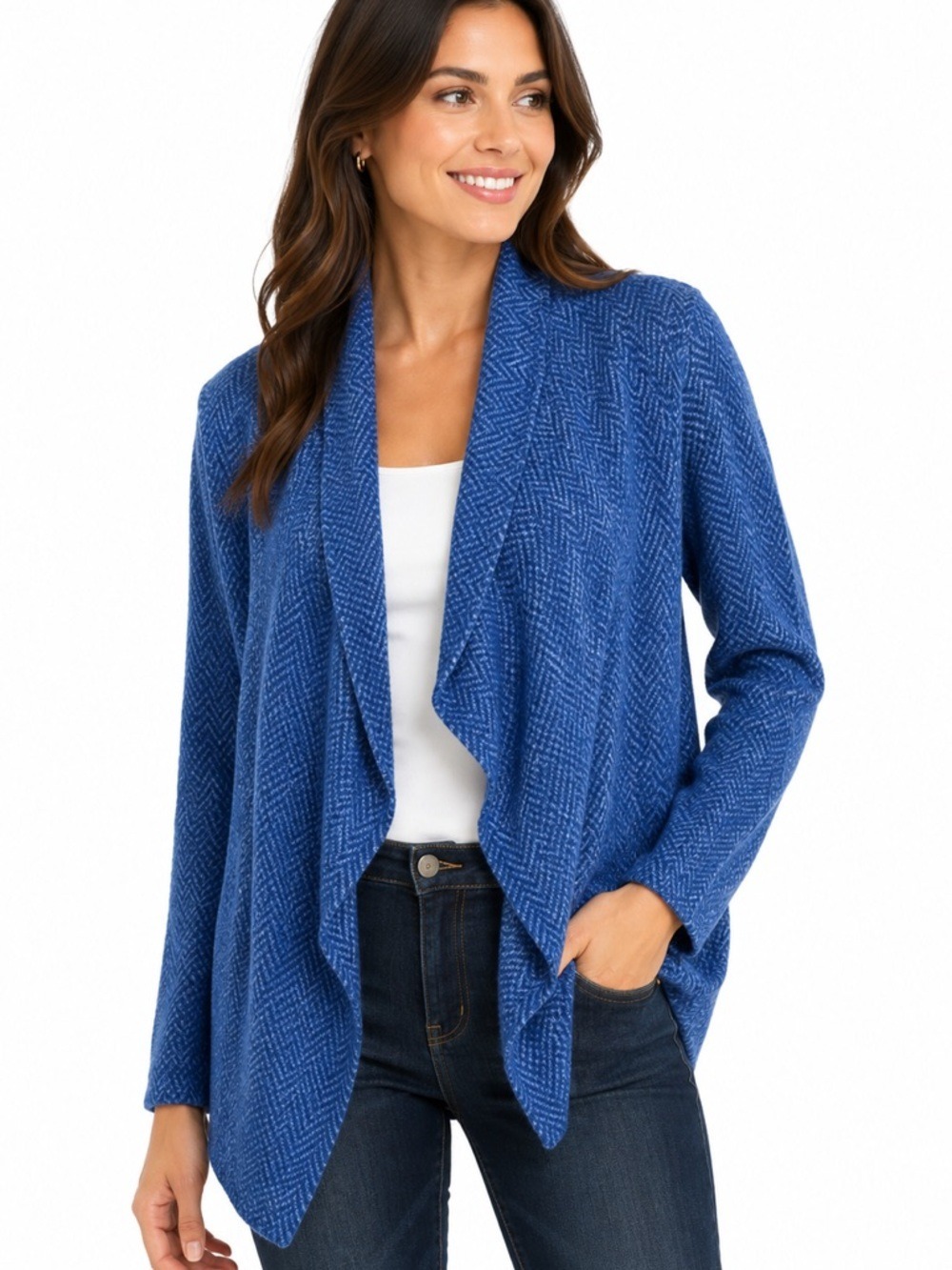 Karl Lagerfeld Paris Blue Open Front Drape Waterfall Cardigan Sweater Me…